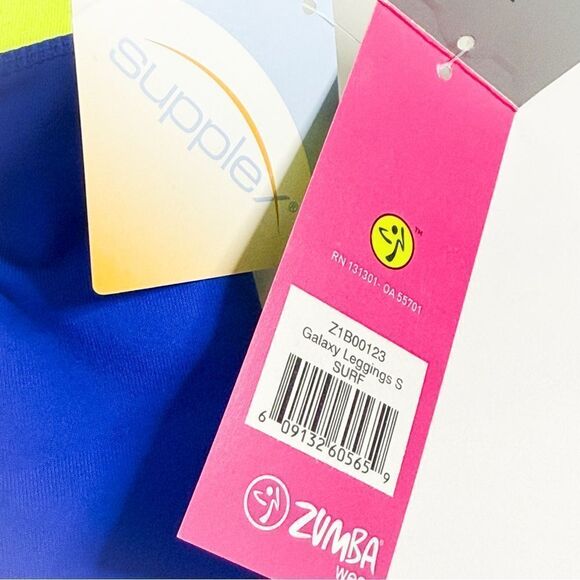 Zumba NWT! Women’s Galaxy Leggings Surf Blue & Neon Yellow Waistband Size Small - Picture 4 of 7